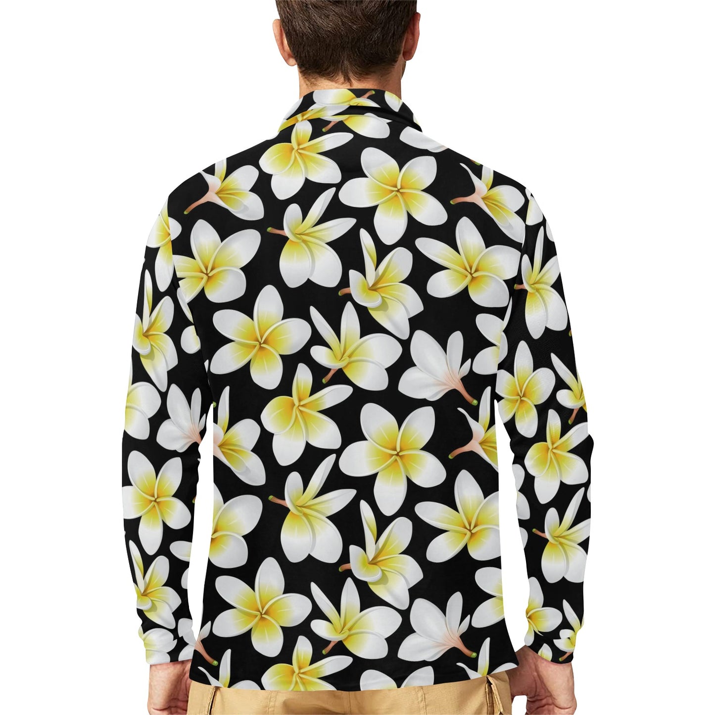 Yellow Plumeria Hawaiian Flowers Long Sleeve Polo Shirt For Men's