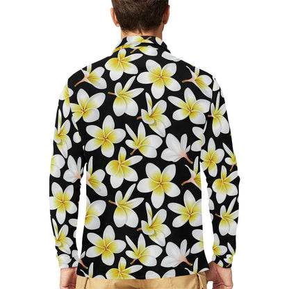 Yellow Plumeria Hawaiian Flowers Long Sleeve Polo Shirt For Men's