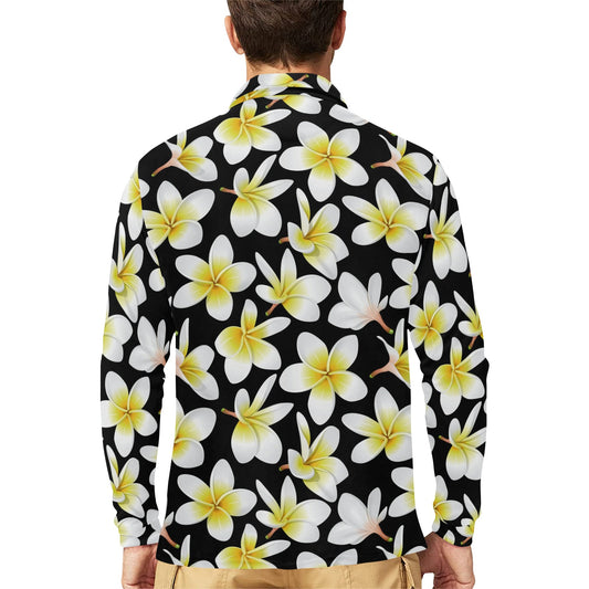Yellow Plumeria Hawaiian Flowers Long Sleeve Polo Shirt For Men's