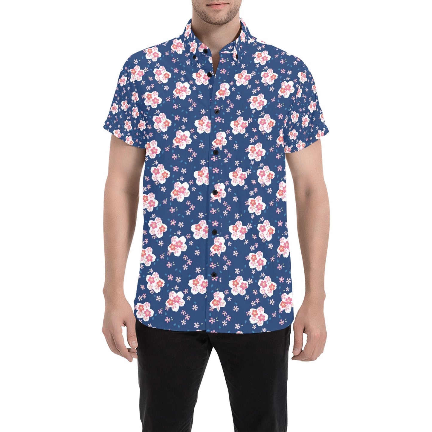 Sakura Print Design LKS306 Men Short Sleeve Button Up Shirt