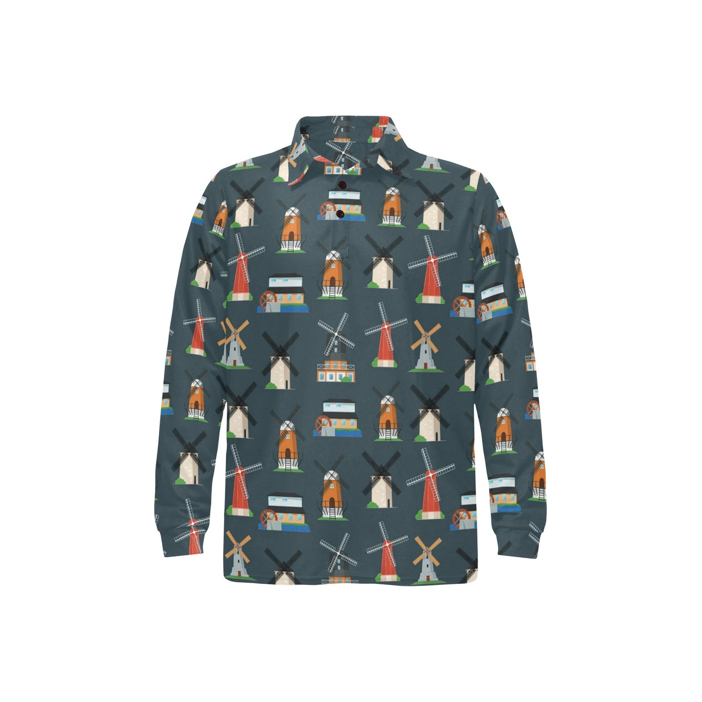 Windmill Pattern Print Design 04 Long Sleeve Polo Shirt For Men's