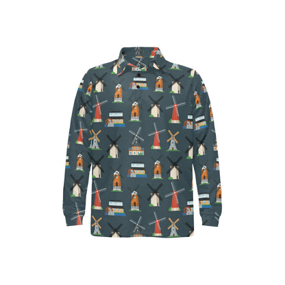 Windmill Pattern Print Design 04 Long Sleeve Polo Shirt For Men's
