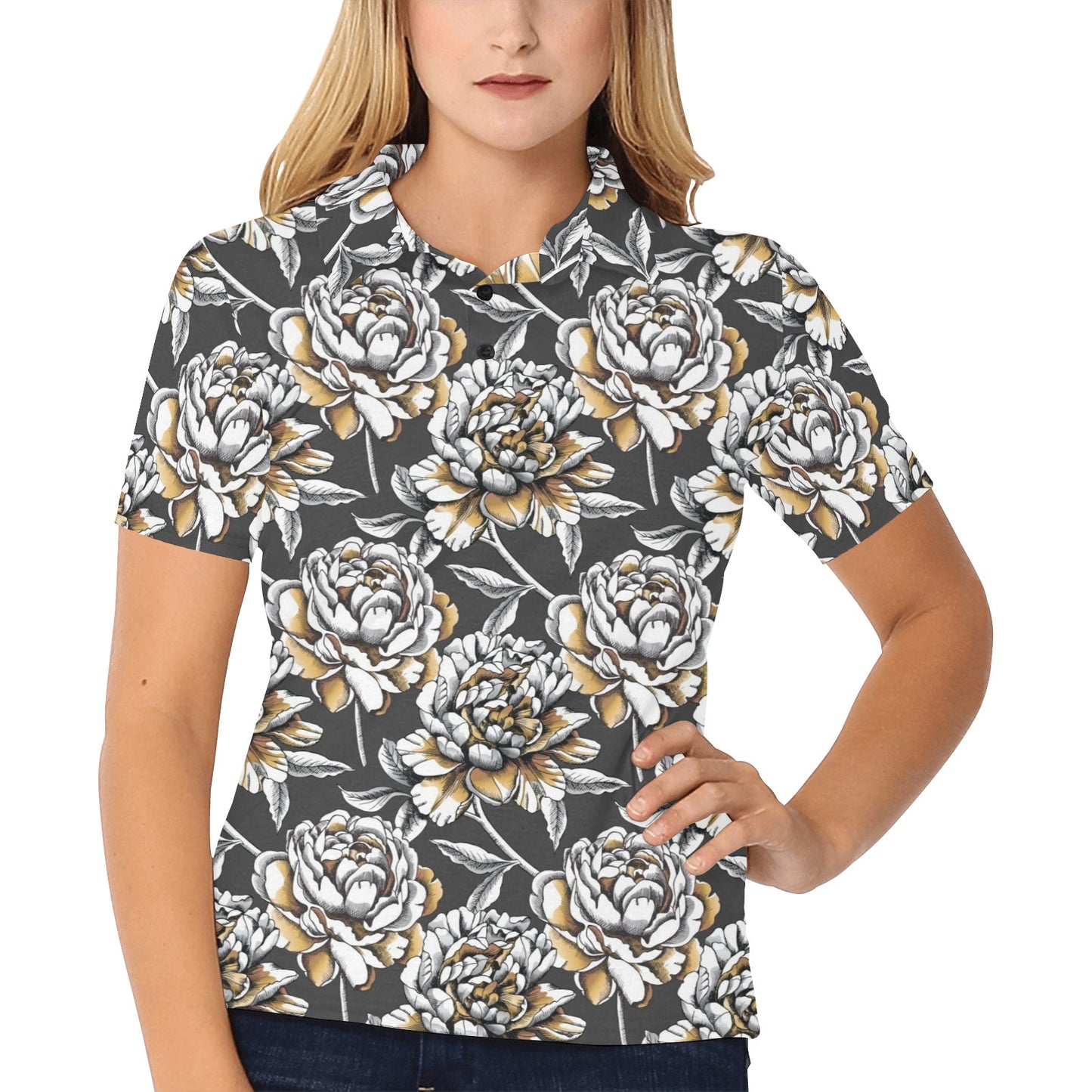 Peony Pattern Print Design PE06 Women's Polo Shirt