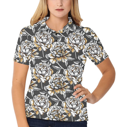 Peony Pattern Print Design PE06 Women's Polo Shirt