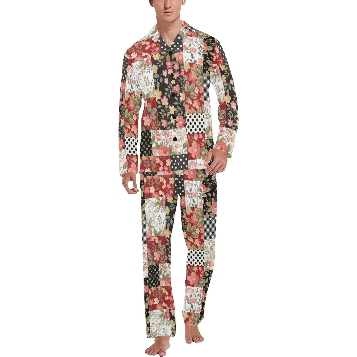 Patchwork Flower Pattern Print Design 03 Men's Long Pajama Set