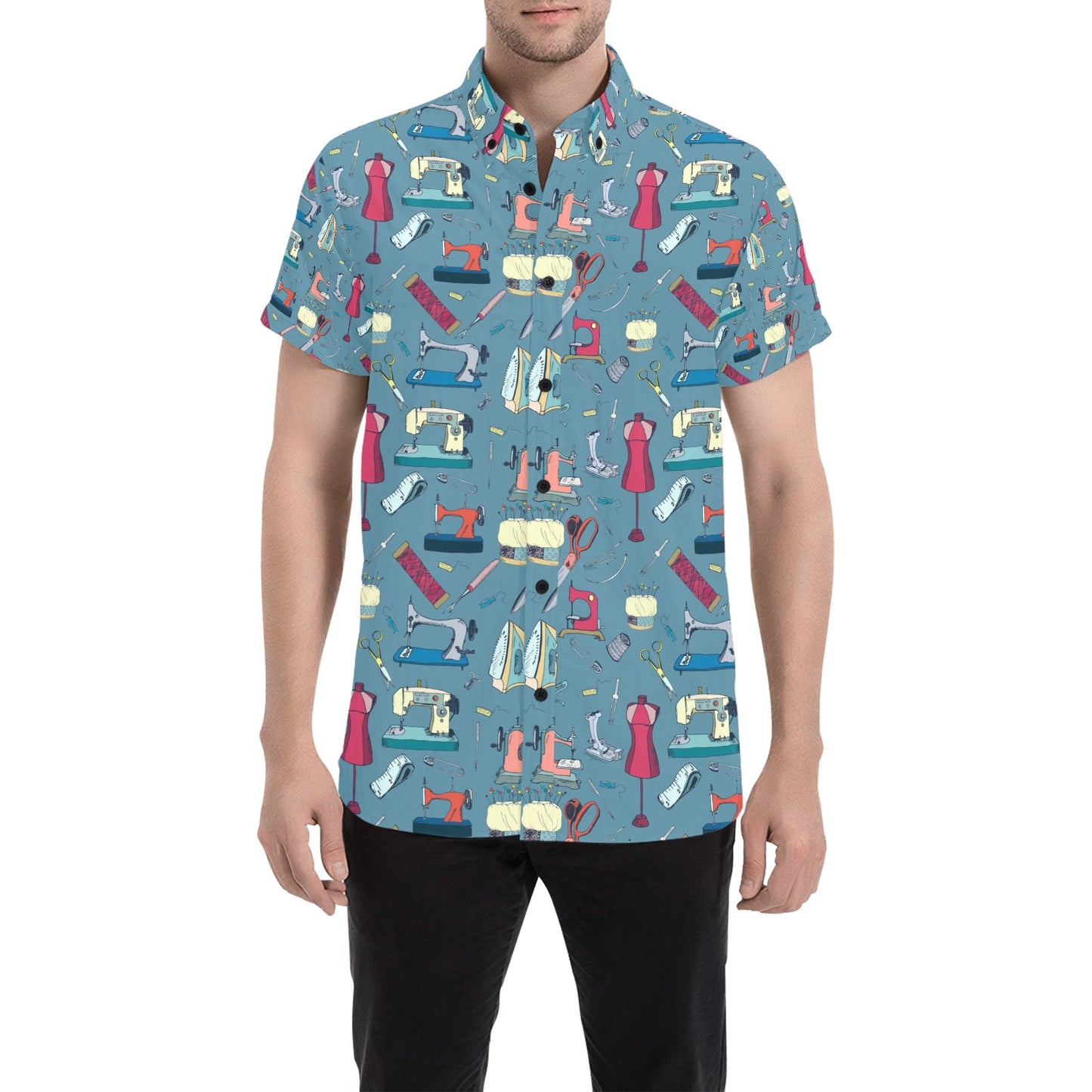 Sewing Equipment Print Design LKS301 Men Short Sleeve Button Up Shirt