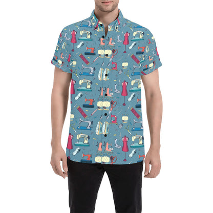 Sewing Equipment Print Design LKS301 Men Short Sleeve Button Up Shirt