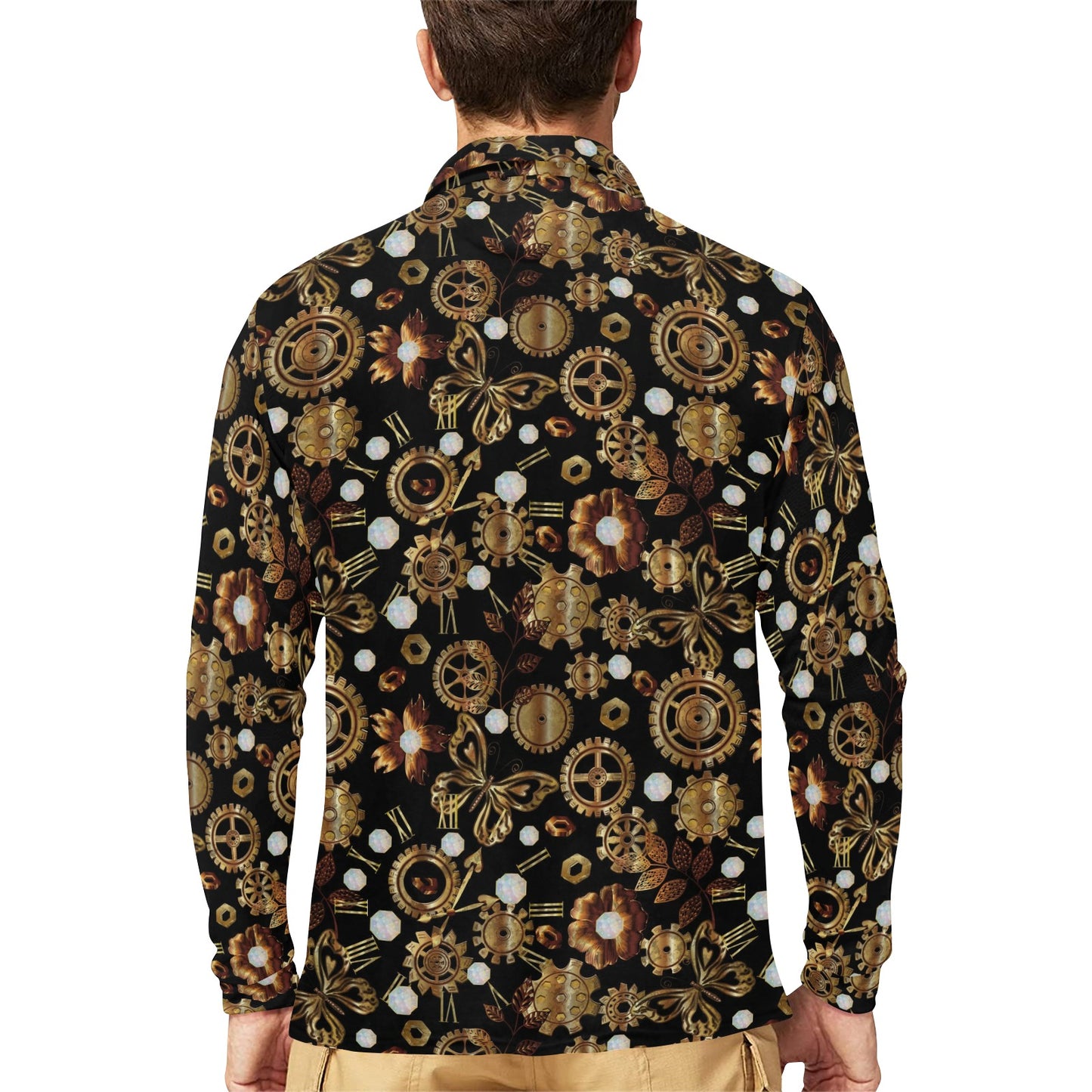Steampunk Butterfly Design Themed Print Long Sleeve Polo Shirt For Men's