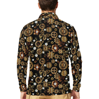 Steampunk Butterfly Design Themed Print Long Sleeve Polo Shirt For Men's