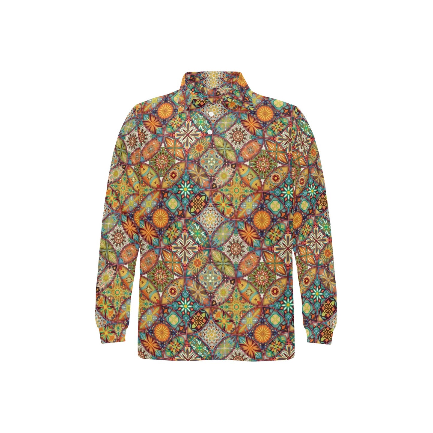 Mandala Flower Themed Design Print Long Sleeve Polo Shirt For Men's