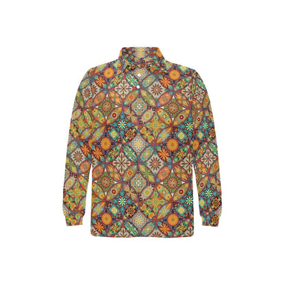 Mandala Flower Themed Design Print Long Sleeve Polo Shirt For Men's