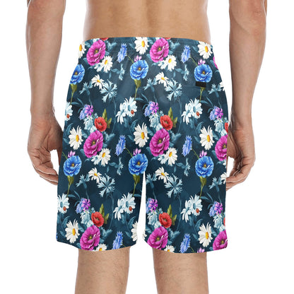 Floral Blue Themed Print Men's Swim Trunks Beach Shorts