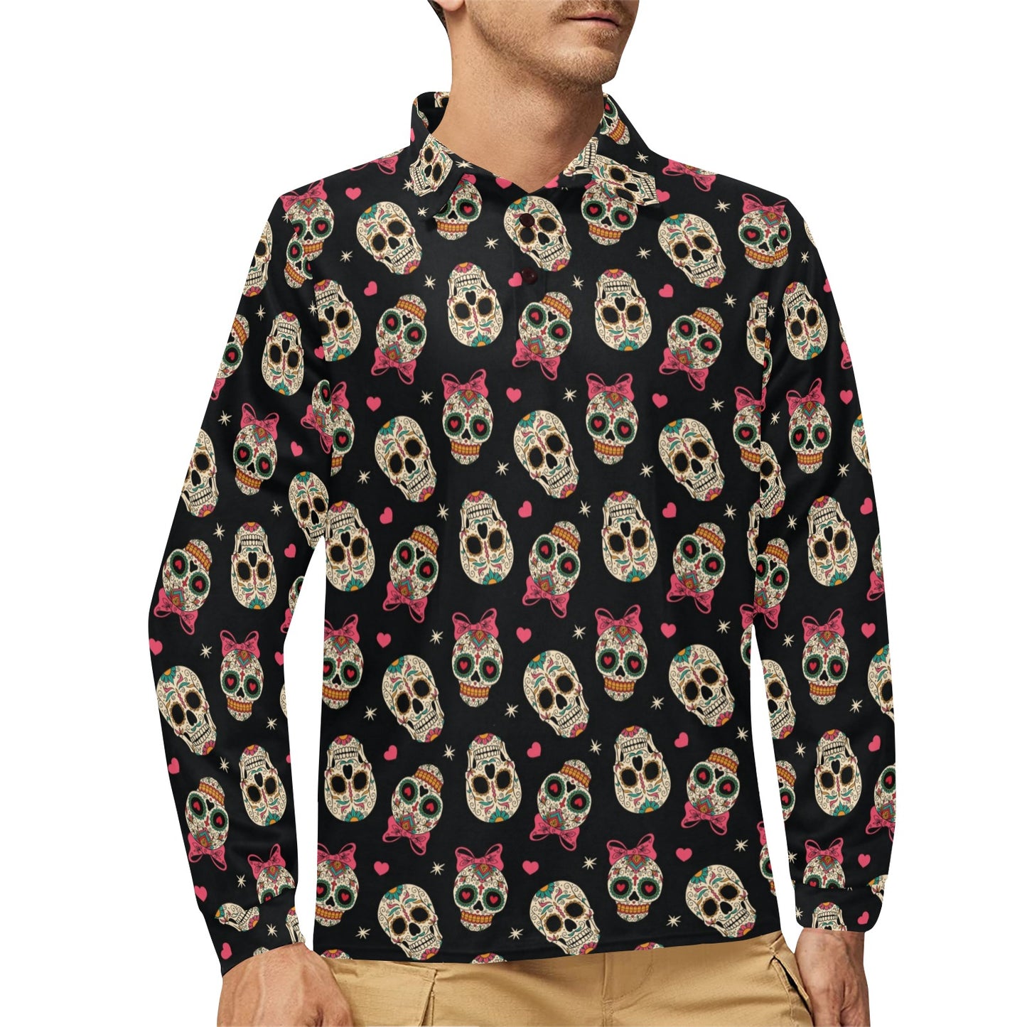 Sugar Skull Pink Bow Themed Print Long Sleeve Polo Shirt For Men's