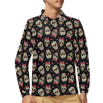 Sugar Skull Pink Bow Themed Print Long Sleeve Polo Shirt For Men's