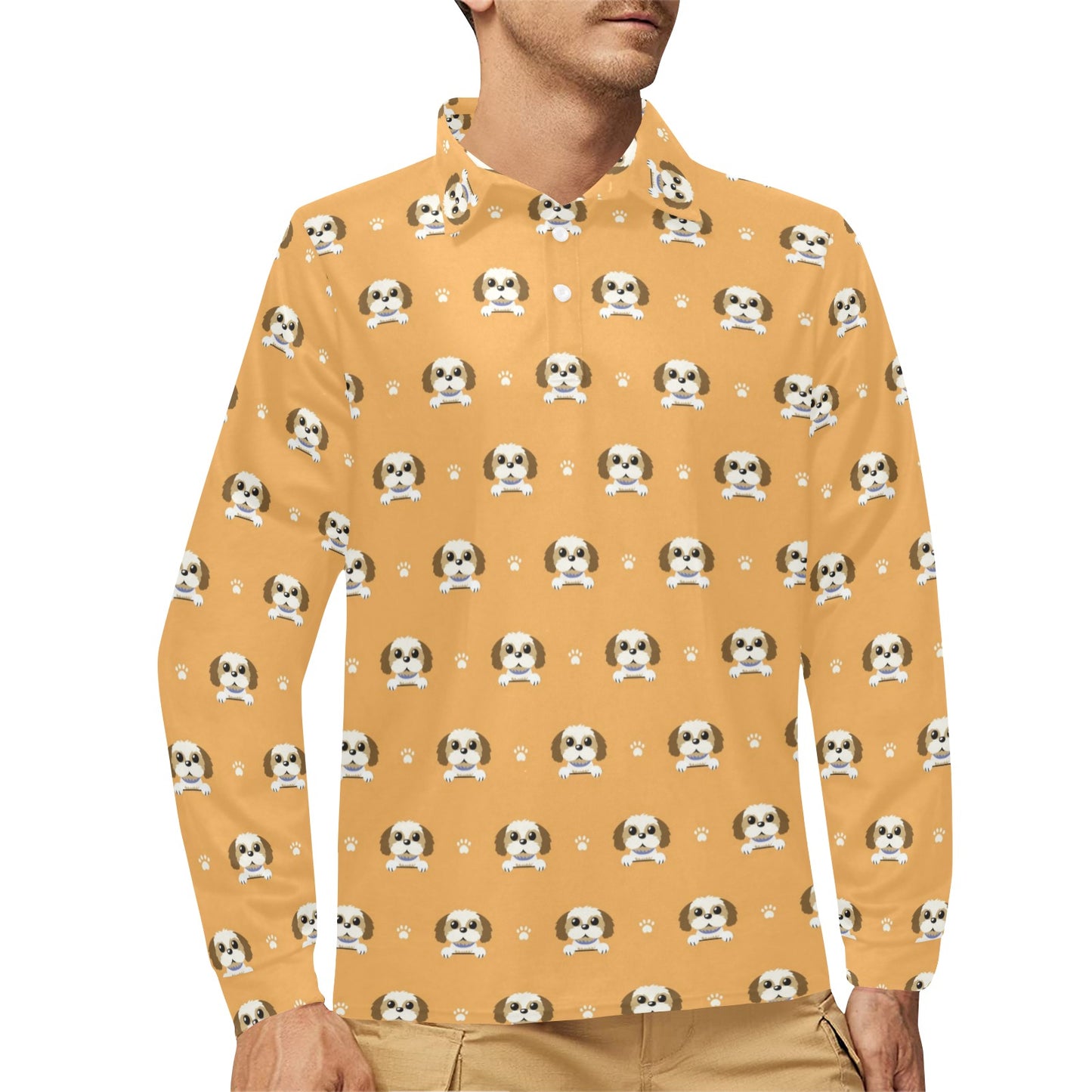 Shih Tzu Print Design LKS303 Long Sleeve Polo Shirt For Men's