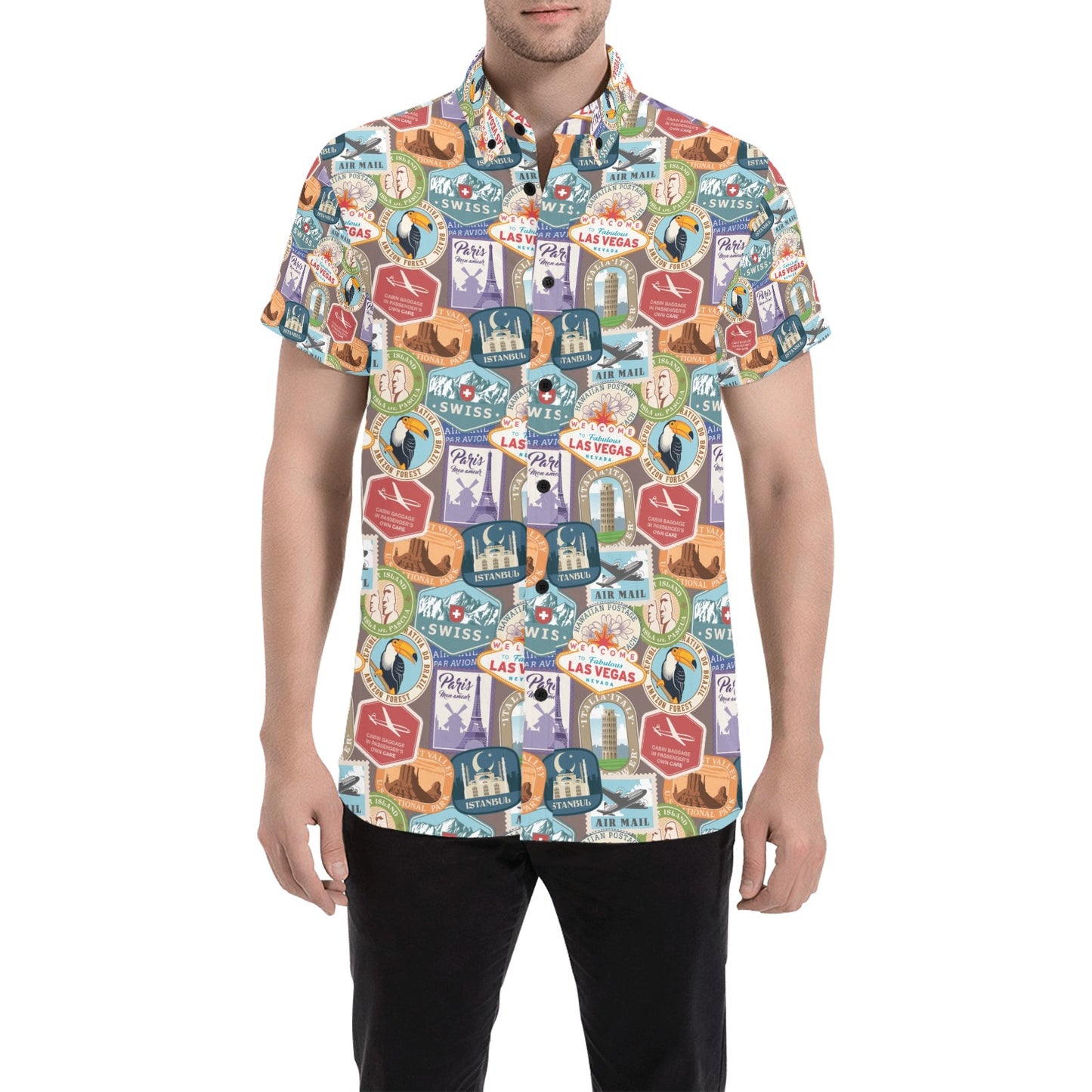 Travel Stamp Print Design LKS301 Men Short Sleeve Button Up Shirt