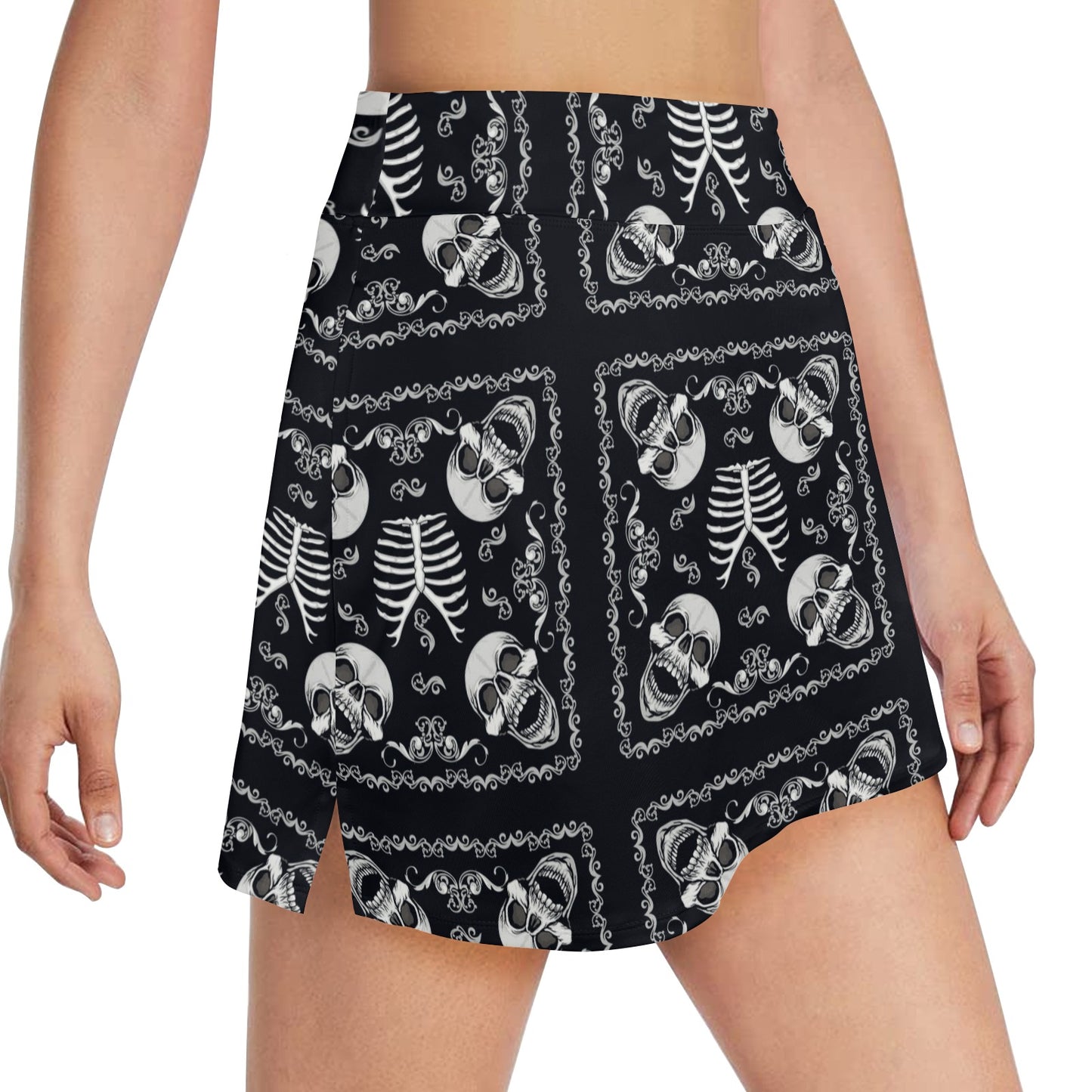 Bandana Skull Black White Print Design LKS306 17" Golf & Pickleball Skort with Pockets