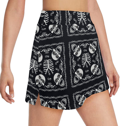 Bandana Skull Black White Print Design LKS306 17" Golf & Pickleball Skort with Pockets