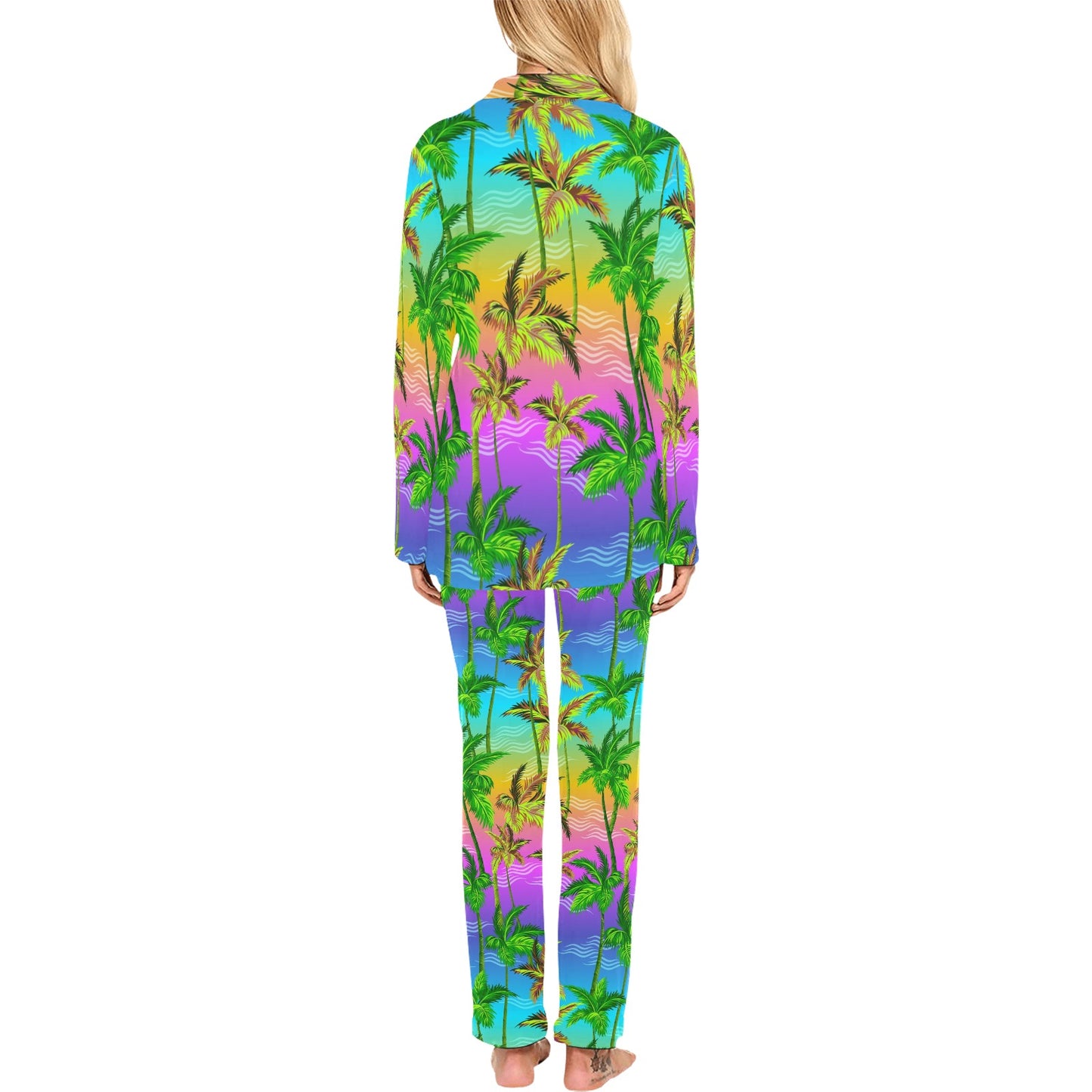 Palm Tree Rainbow Pattern Women's Long Pajama Set