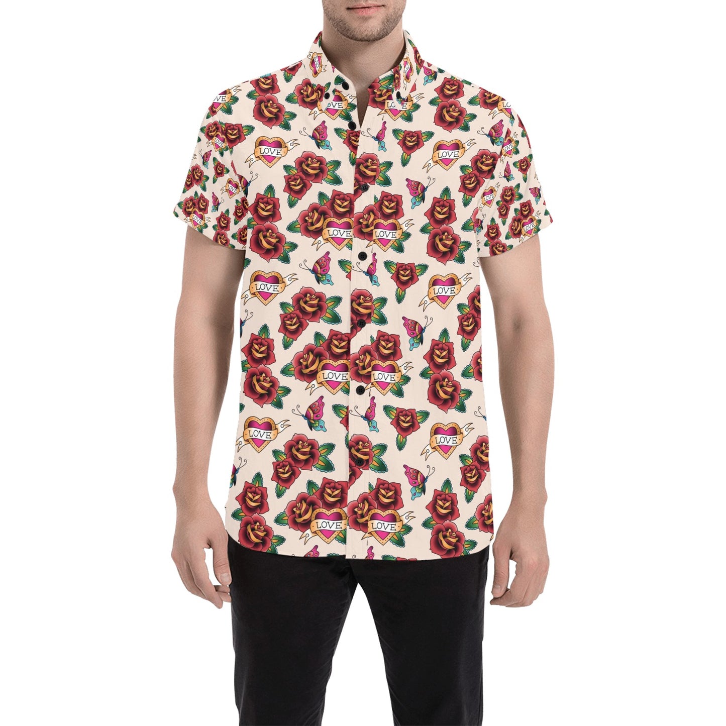 Tattoo Rose Print Design LKS302 Men Short Sleeve Button Up Shirt