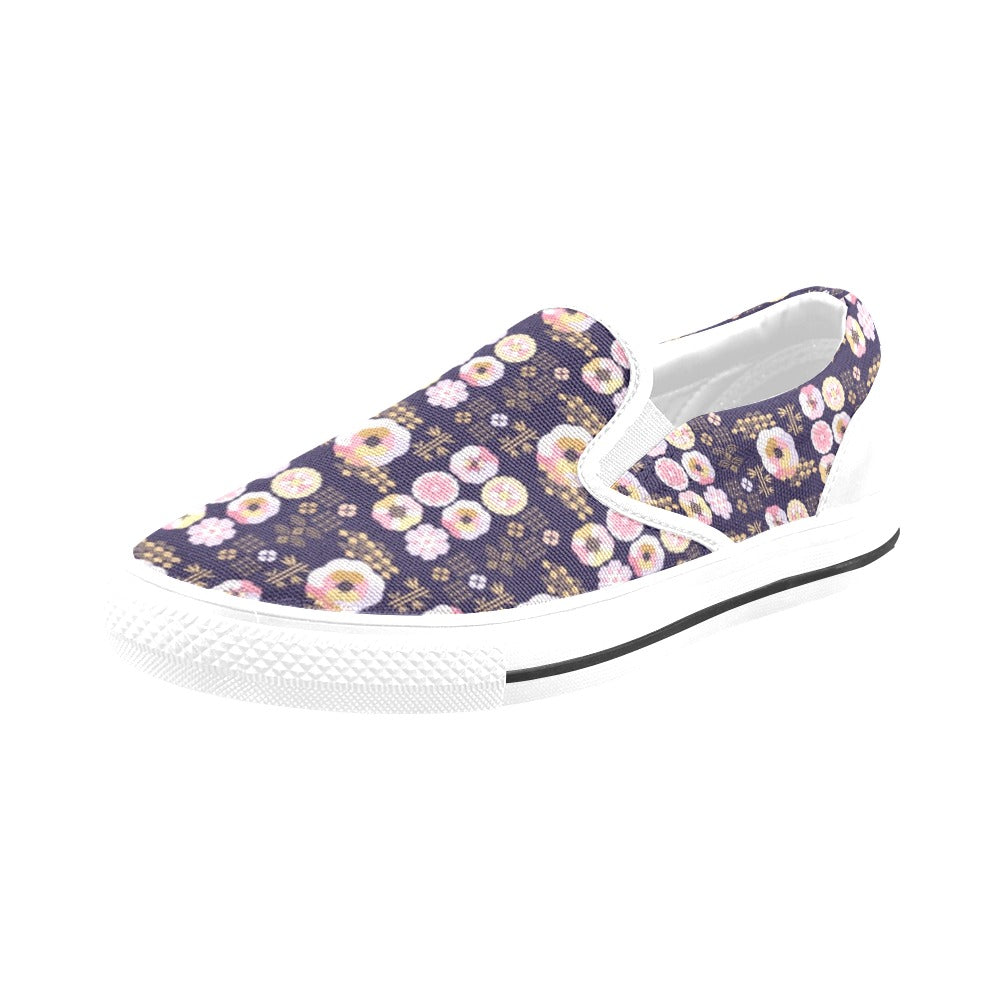 Sakura Japan Style Print Design LKS302 White Slip Ons Canvas Women's Shoes