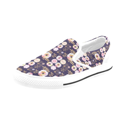 Sakura Japan Style Print Design LKS302 White Slip Ons Canvas Women's Shoes