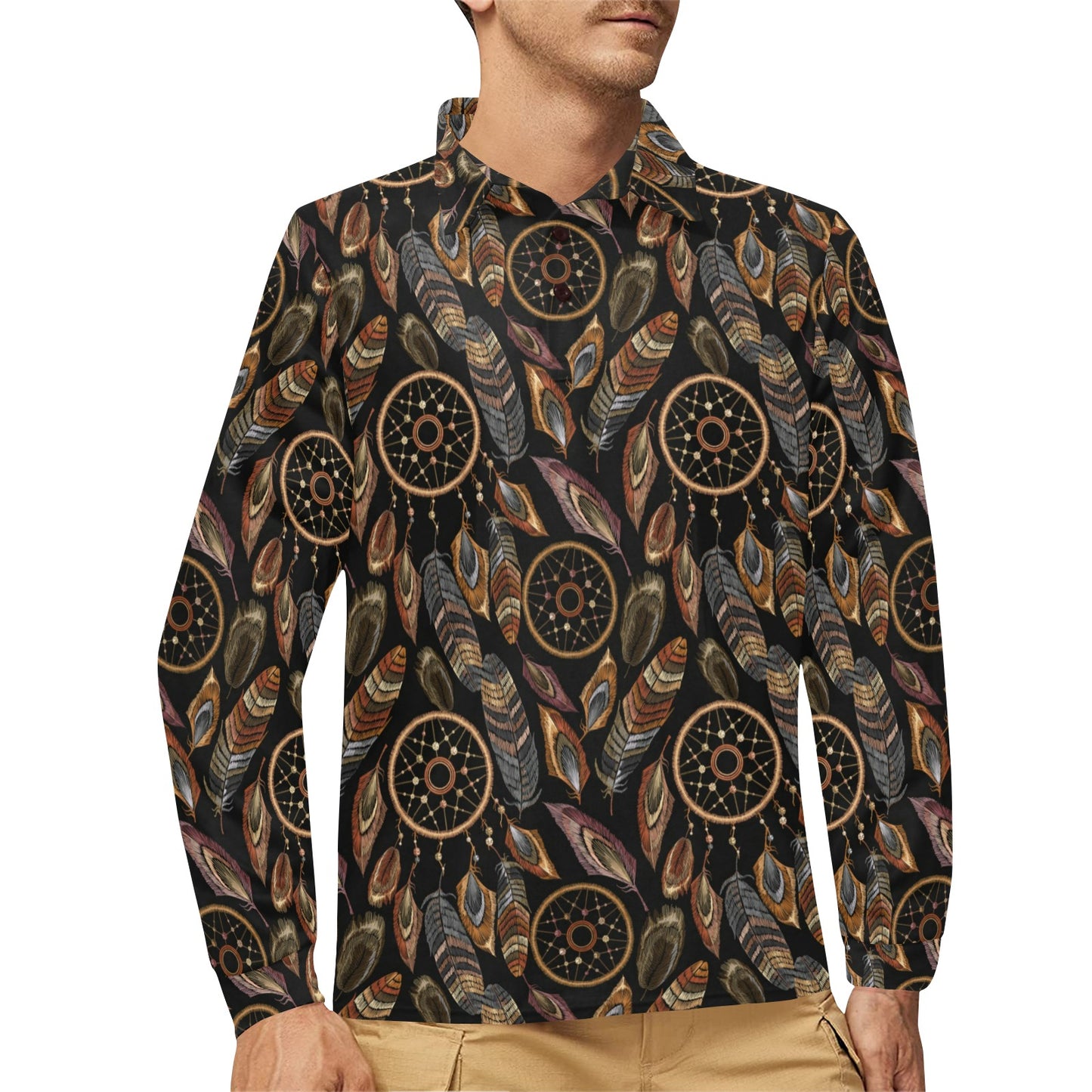 Dream catcher embroidered style Long Sleeve Polo Shirt For Men's