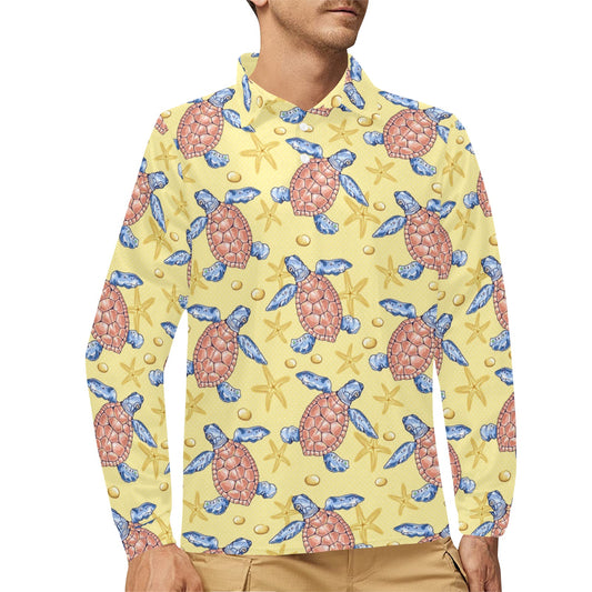 Sea Turtle Pattern Print Design T06 Long Sleeve Polo Shirt For Men's