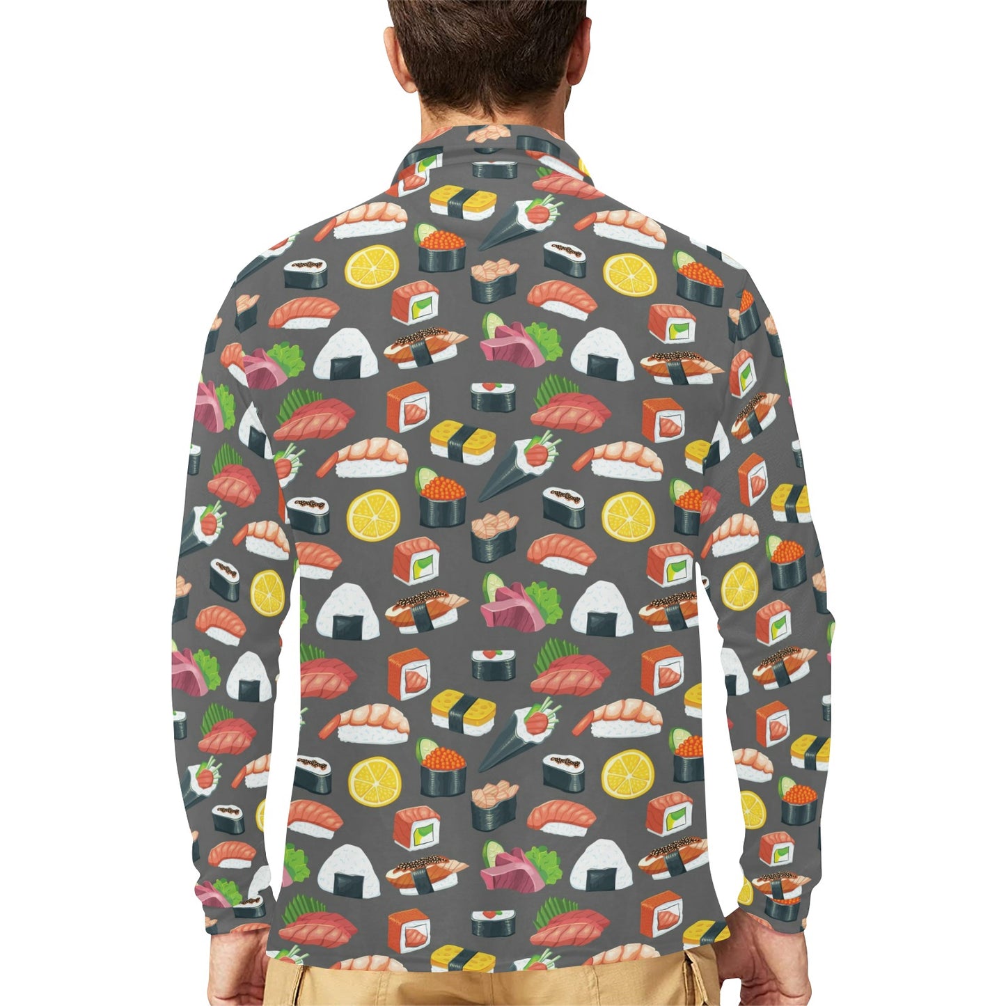 Sushi Pattern Print Long Sleeve Polo Shirt For Men's