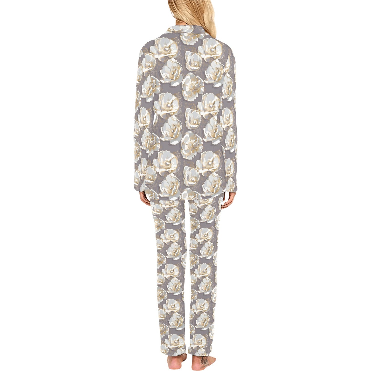 Elegant Grey Flower Print Women's Long Pajama Set