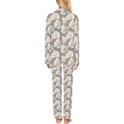 Elegant Grey Flower Print Women's Long Pajama Set
