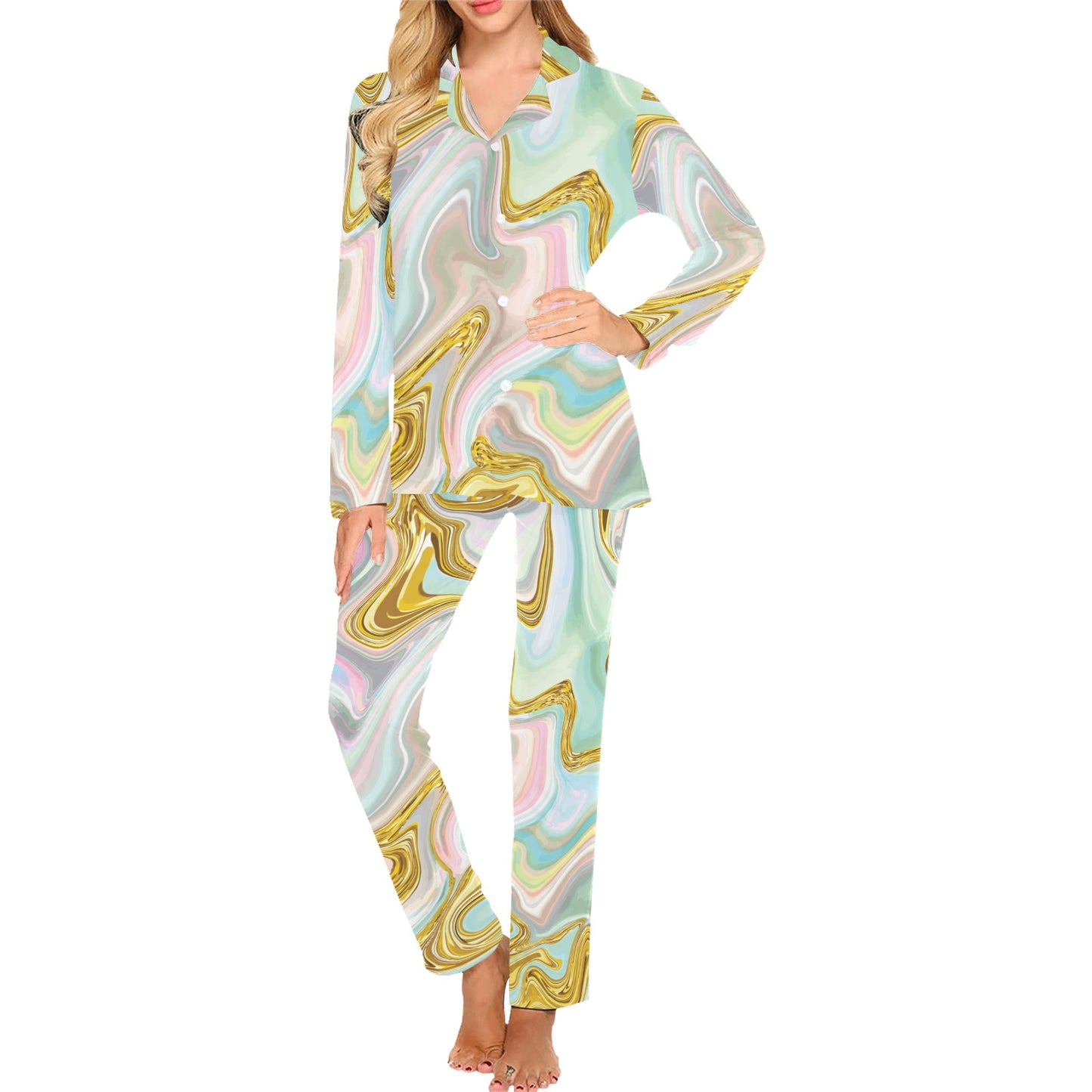 Gold Sweet Marble Women's Long Pajama Set