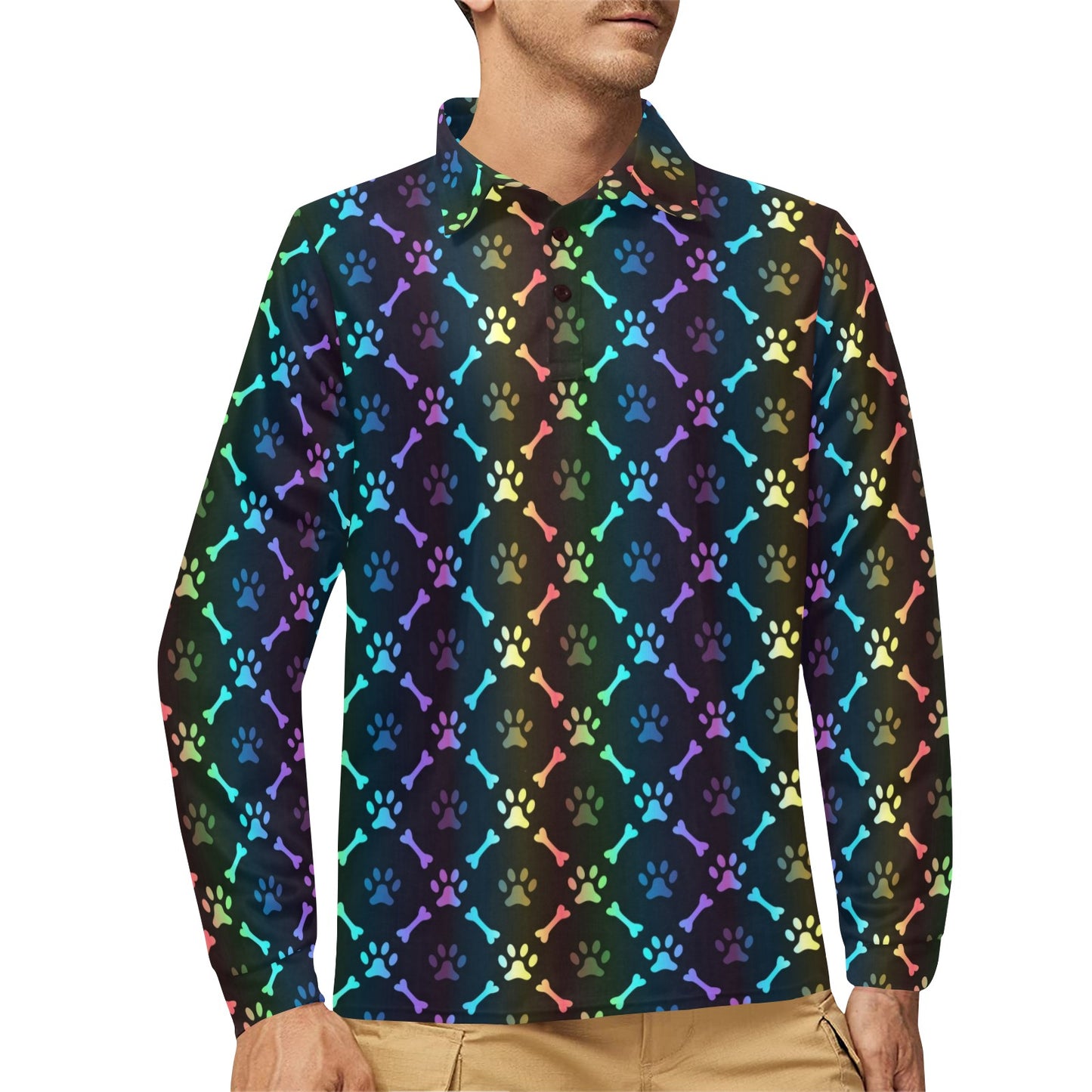 Paw Rainbow Pattern Print Design A01 Long Sleeve Polo Shirt For Men's