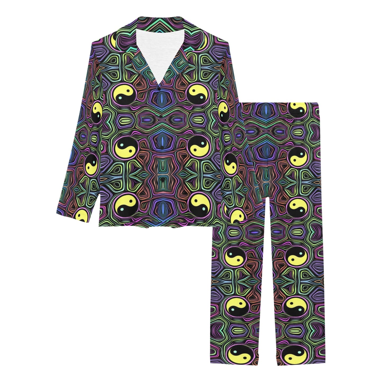 Yin Yang Neon Color Design Print Women's Long Pajama Set