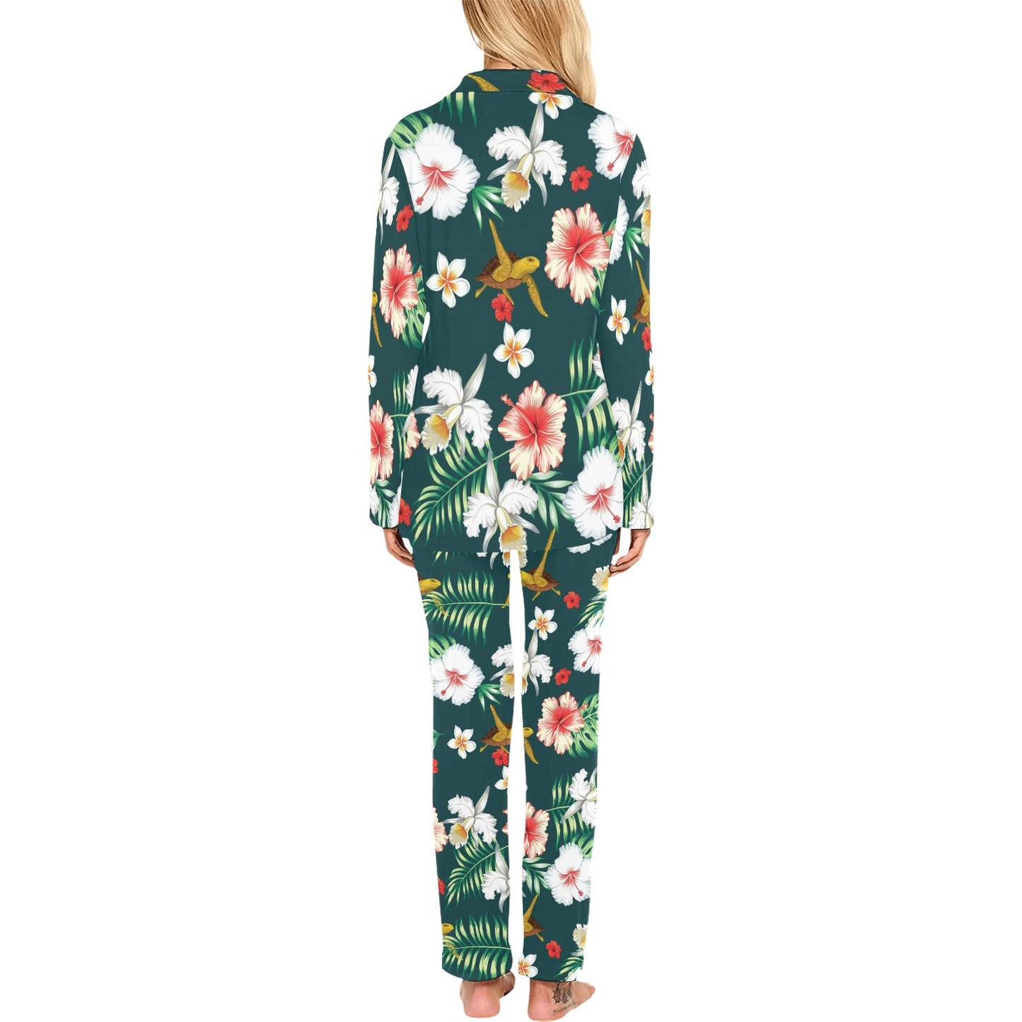 Hawaiian Flower Design with SeaTurtle Print Women's Long Pajama Set