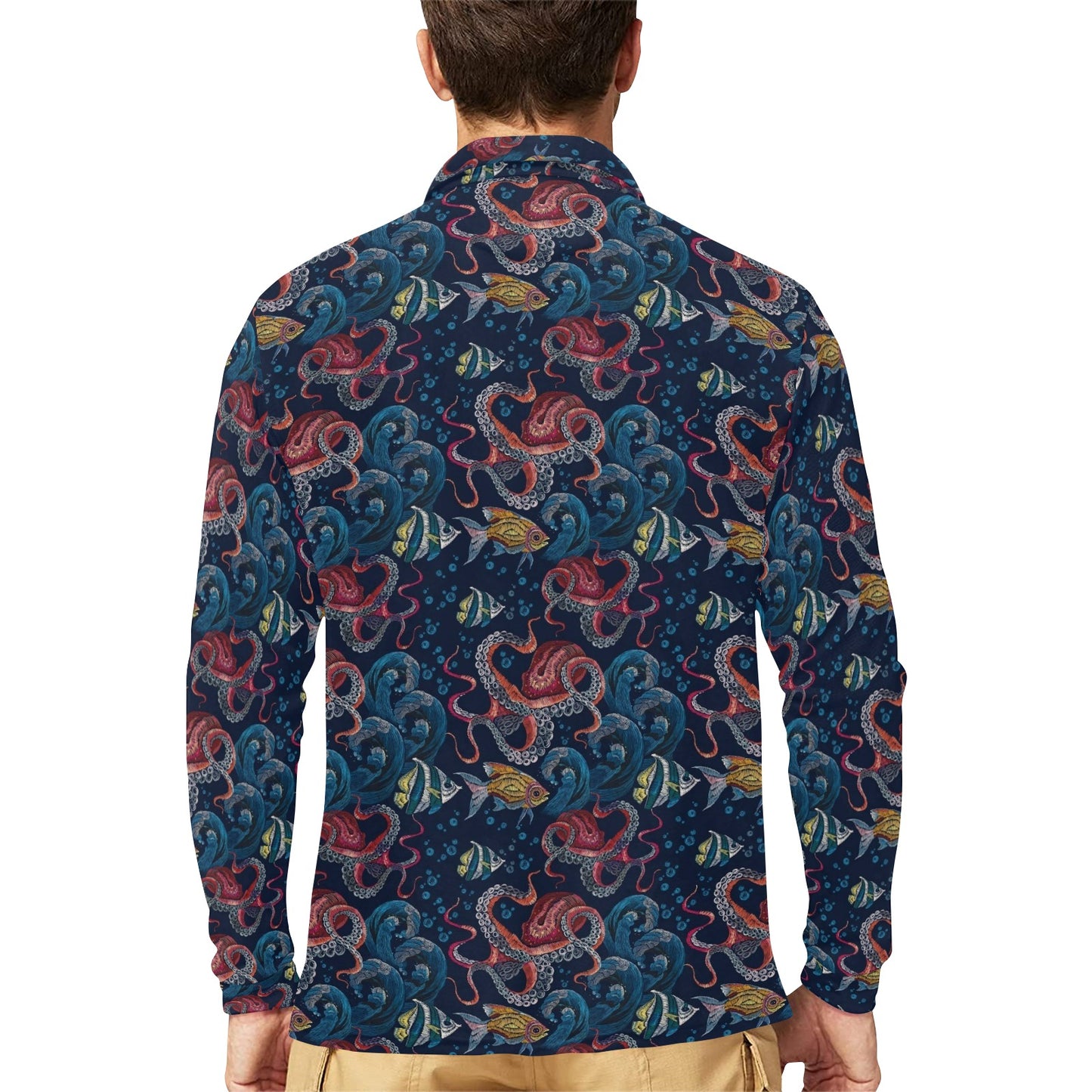 Octopus Deep Sea Print Themed Long Sleeve Polo Shirt For Men's