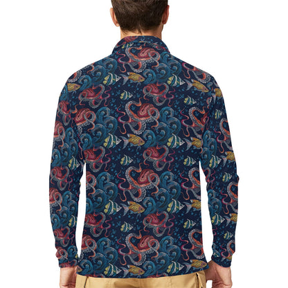 Octopus Deep Sea Print Themed Long Sleeve Polo Shirt For Men's