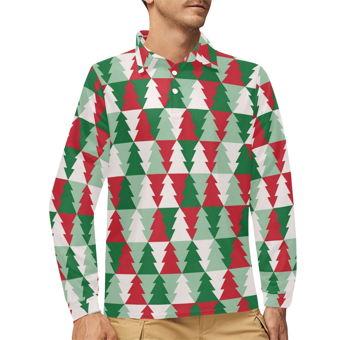 Christmas Tree Pattern Print Design 01 Long Sleeve Polo Shirt For Men's