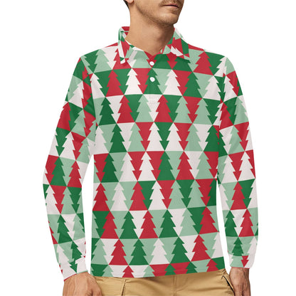 Christmas Tree Pattern Print Design 01 Long Sleeve Polo Shirt For Men's