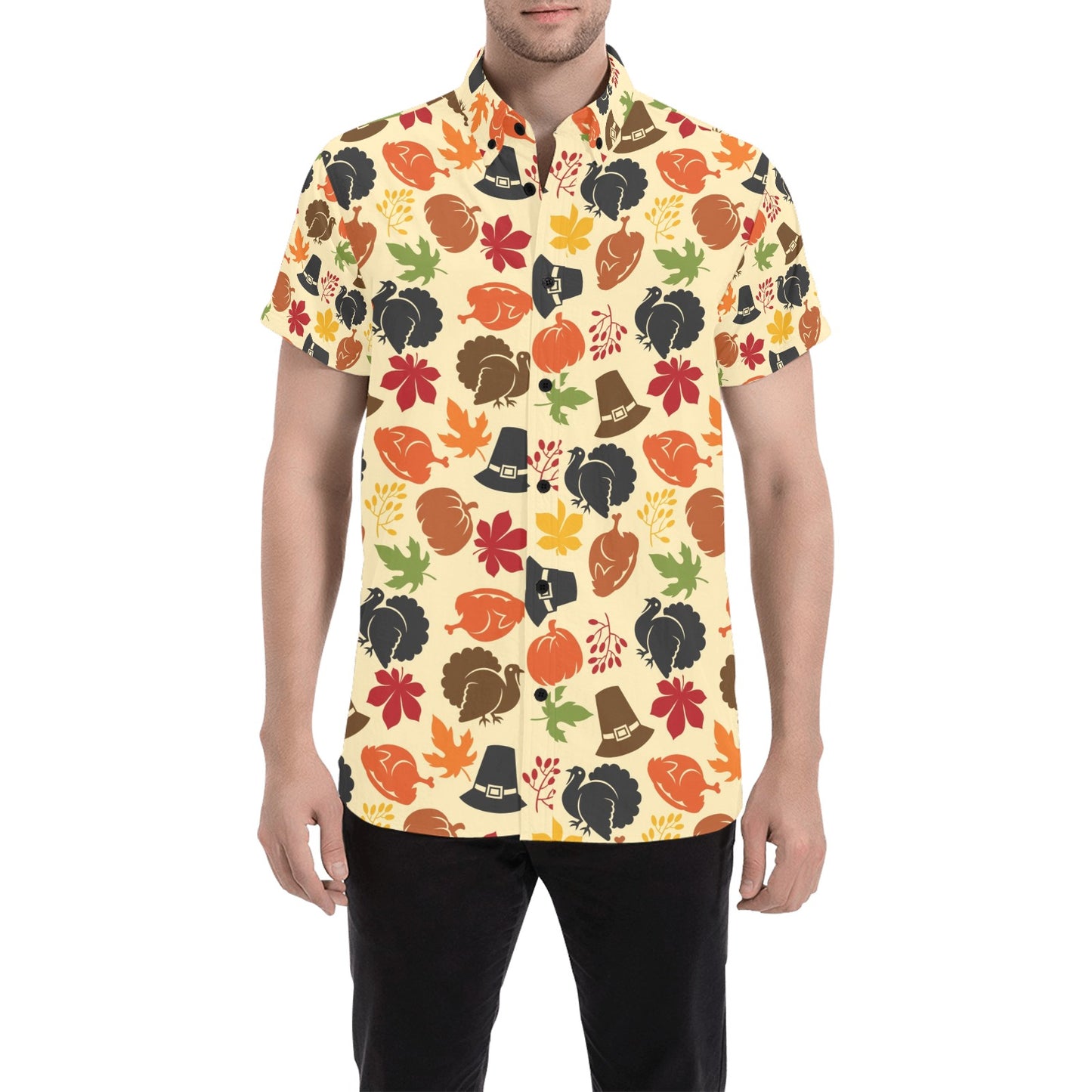 Thanksgiving Print Design LKS303 Men Short Sleeve Button Up Shirt