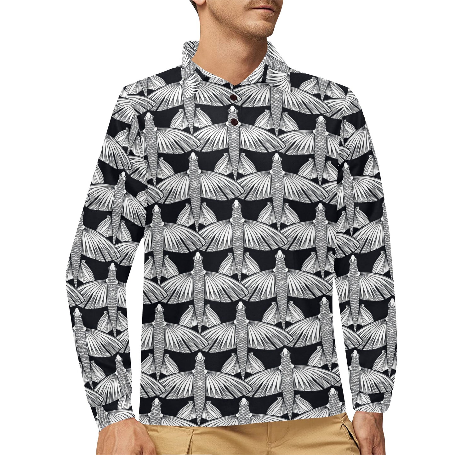 Flying Fish Pattern Print Design 03 Long Sleeve Polo Shirt For Men's