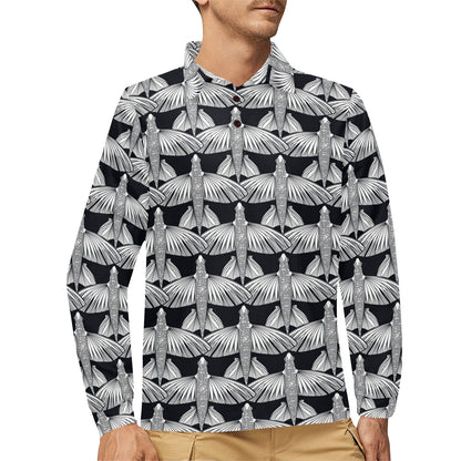 Flying Fish Pattern Print Design 03 Long Sleeve Polo Shirt For Men's