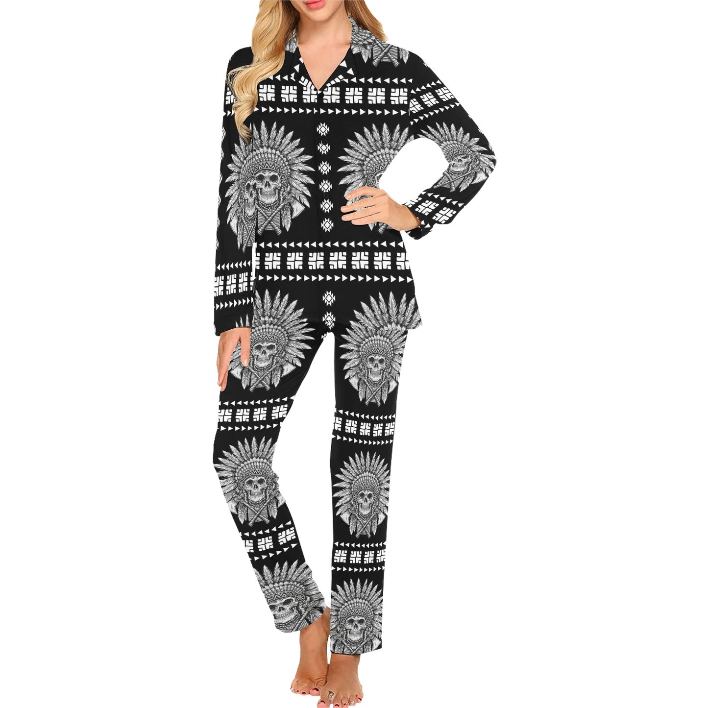 Native American Indian Skull Women's Long Pajama Set