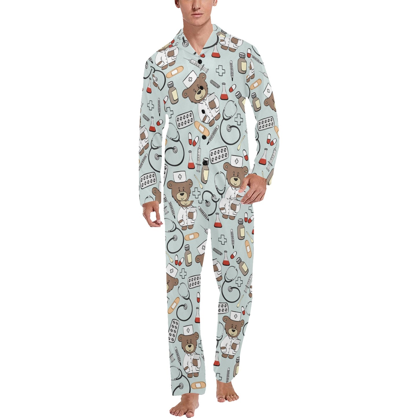 Nurse Bear Pattern Print Design A01 Men's Long Pajama Set