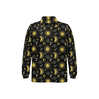Sun Moon Print Design LKS301 Long Sleeve Polo Shirt For Men's