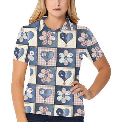 Patchwork Heart Flower Pattern Print Design 01 Women's Polo Shirt