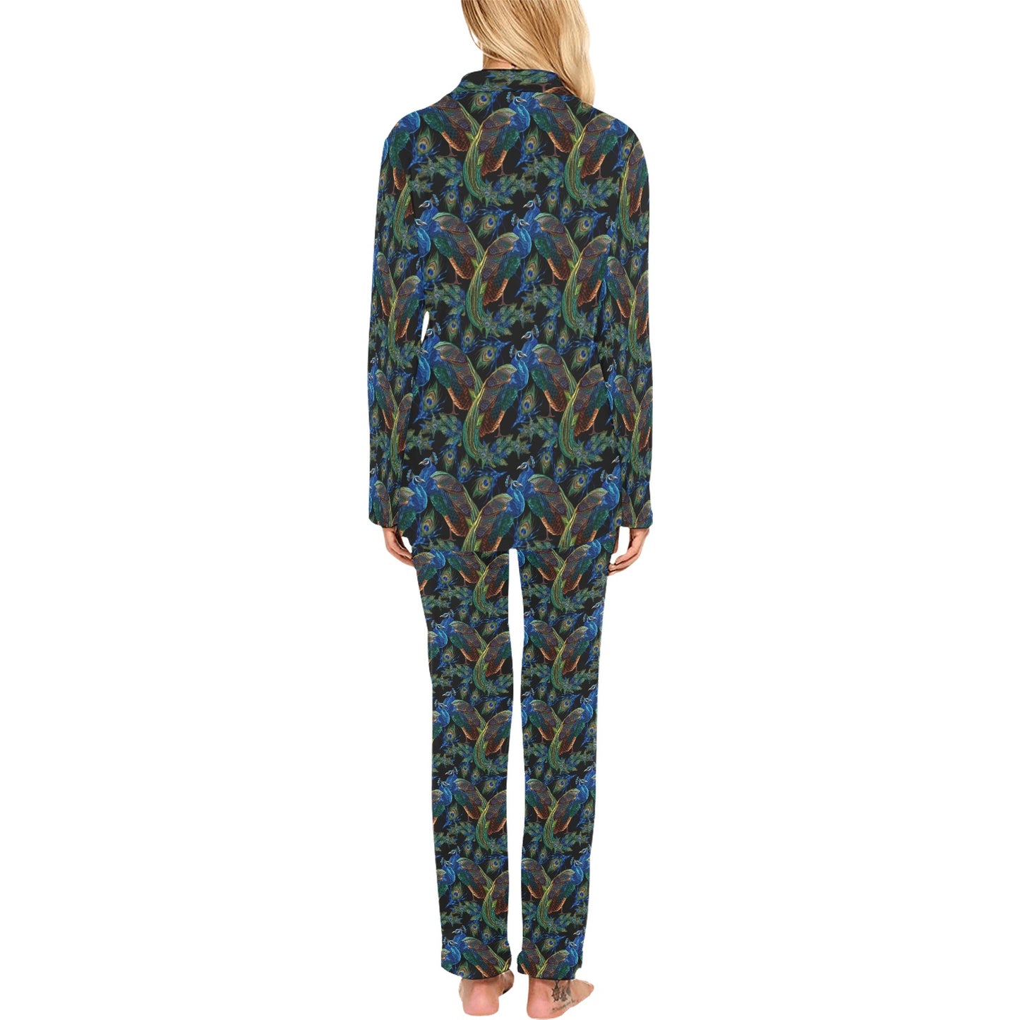 Peacock Themed Design Print Women's Long Pajama Set