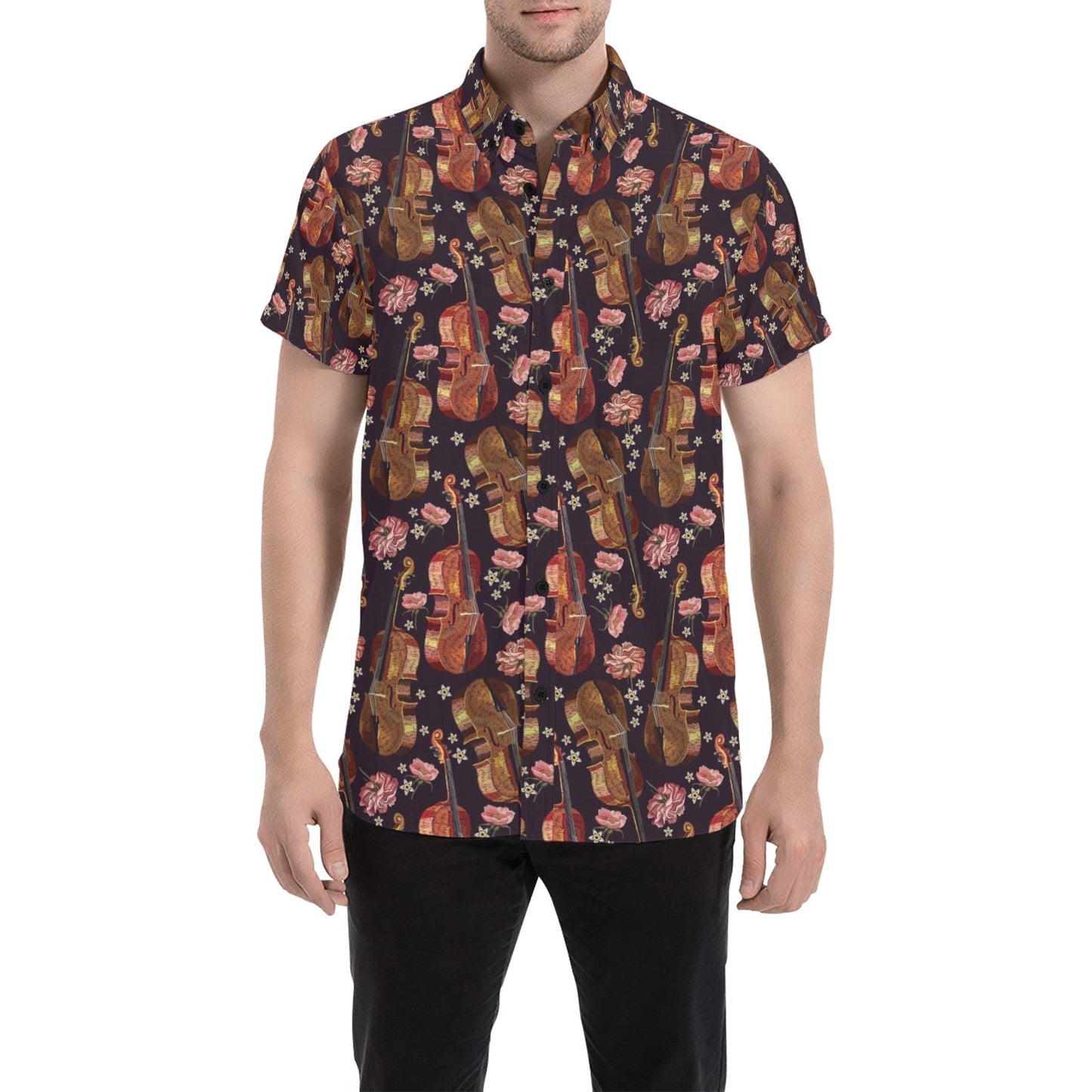 Violin Print Design LKS402 Men Short Sleeve Button Up Shirt