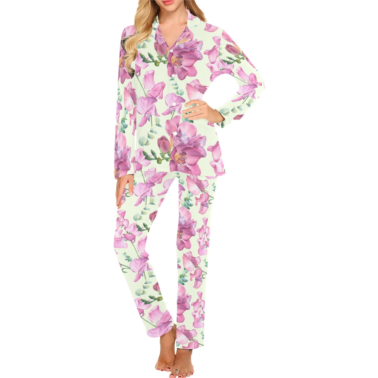 Peony Pattern Print Design PE011 Women's Long Pajama Set
