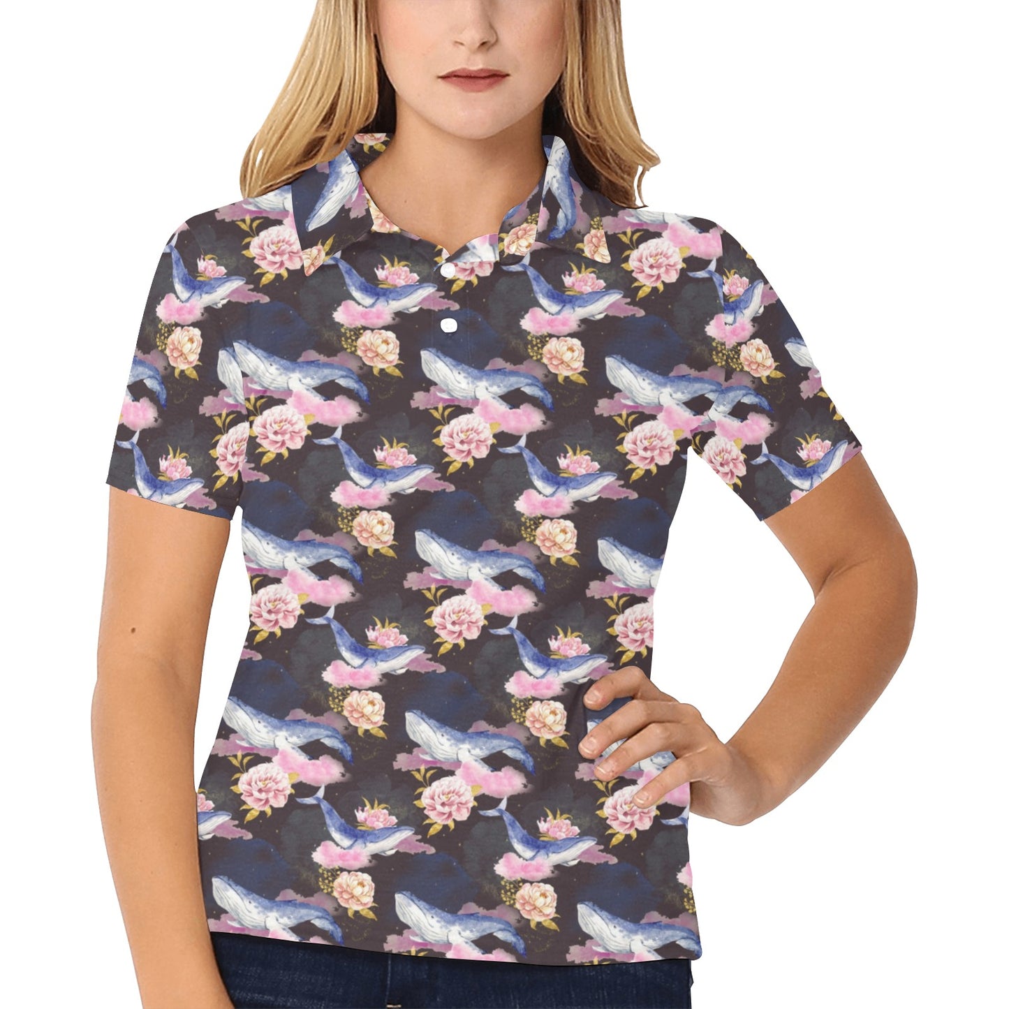 Blue Whale Print Design LKS401 Women's Polo Shirt